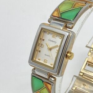 Gramercy Watch Women 19mm Silver Gold Two Tone Stained Glass New Battery 7.75"